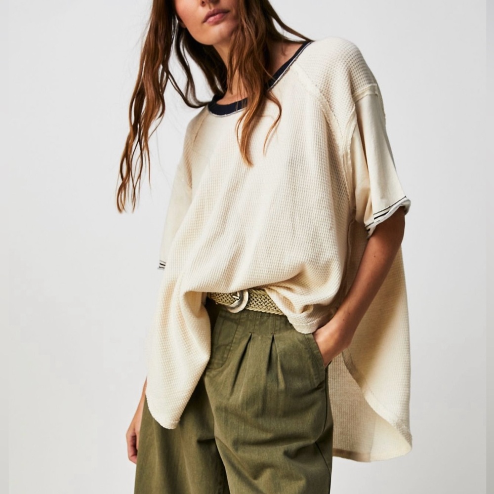 Free People Rally Tee Cream Waffle-Knit Oversized Tee with Black Trim